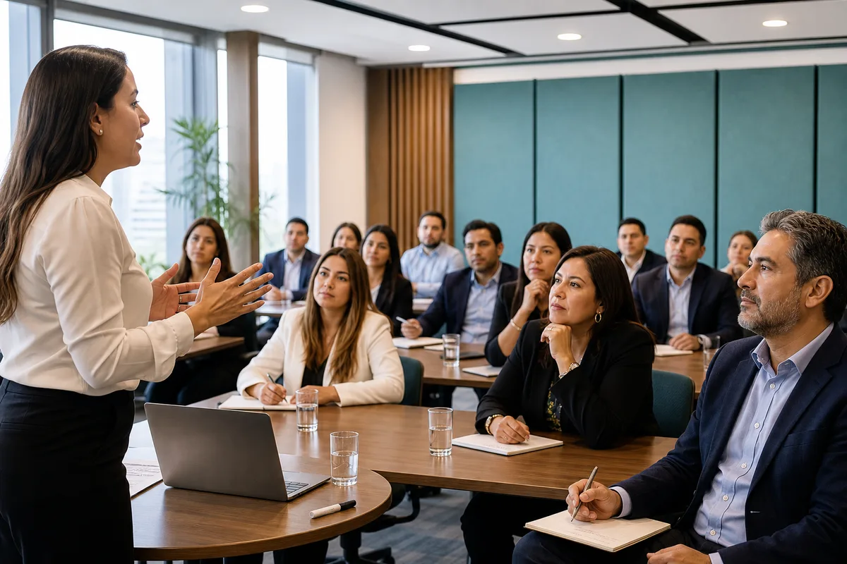 Taller de ética y liderazgo con directivos y empresarios en sala de formación