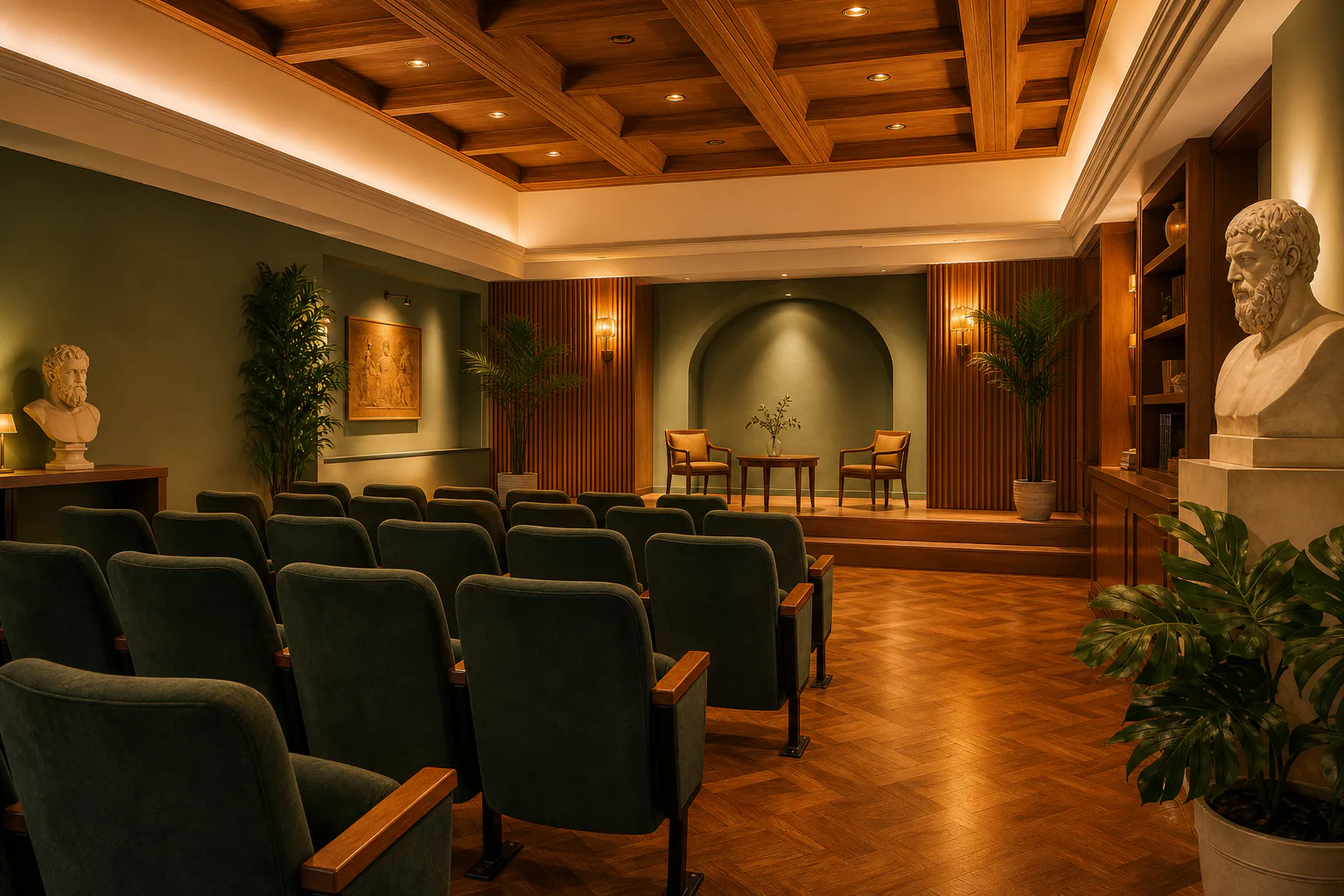 Salón Platón en Los Prados con butacas en filas y escenario